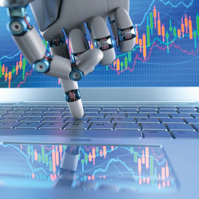 Robot hand, ordering on a laptop keyboard, an exchange trade  Robot trading system is a computer trading program that automatically submits trades to an exchange without any human interventions 