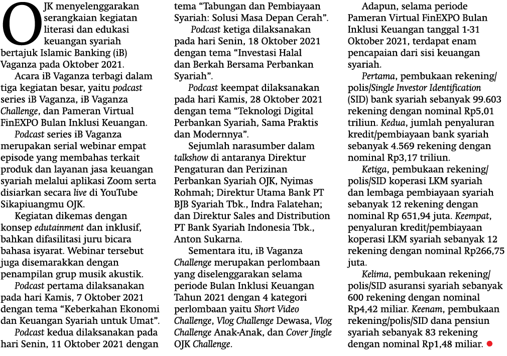 OJK menyelenggarakan serangkaian kegiatan literasi dan edukasi keuangan syariah bertajuk Islamic Banking (iB) Vaganza   