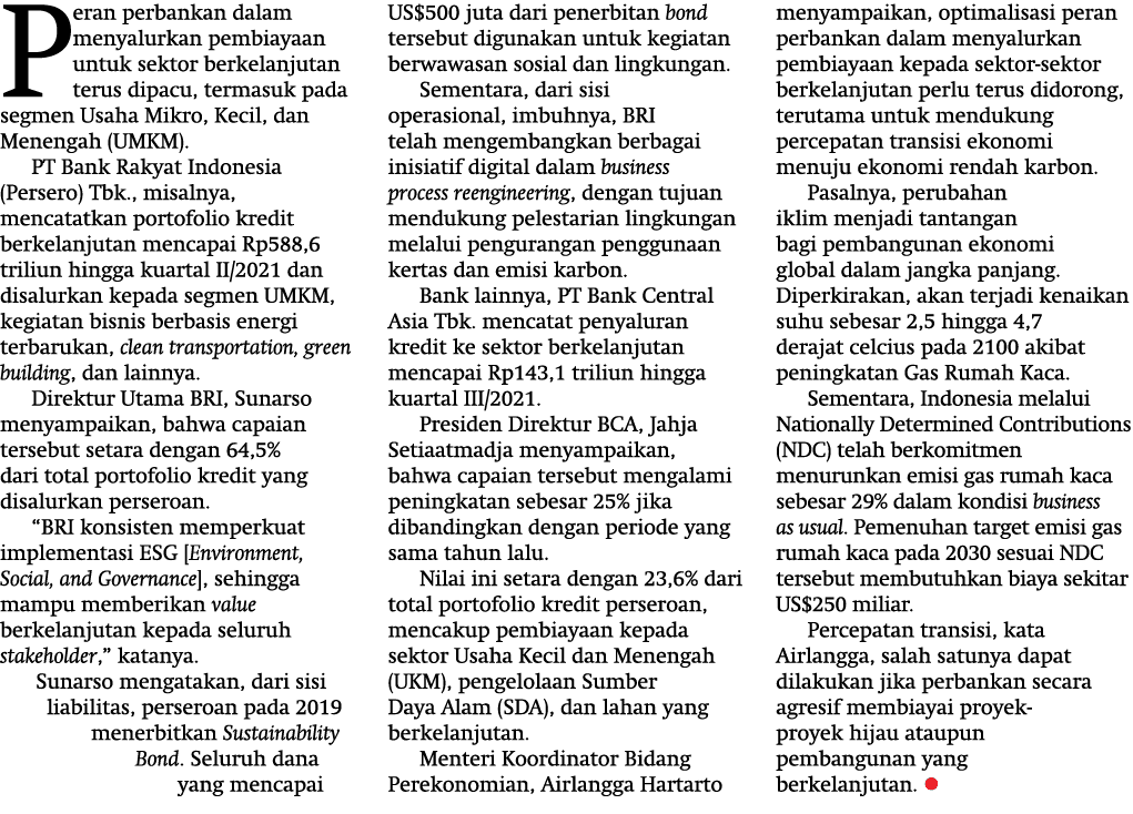 Peran perbankan dalam menyalurkan pembiayaan untuk sektor berkelanjutan terus dipacu, termasuk pada segmen Usaha Mikr   