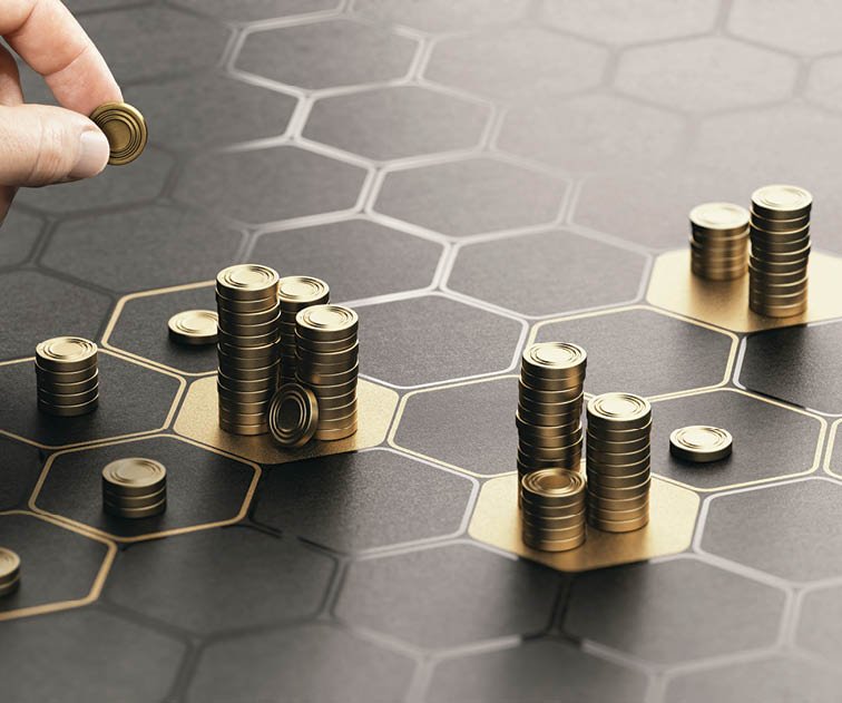 Human hand stacking coins over a black background with hexagonal golden shapes  Concept of investment management and portfolio diversification  Composite image between a hand photography and a 3D back