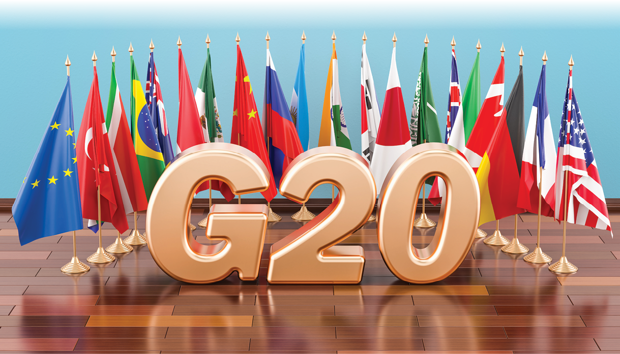 G20 meeting concept, flags of all members G20  3D rendering