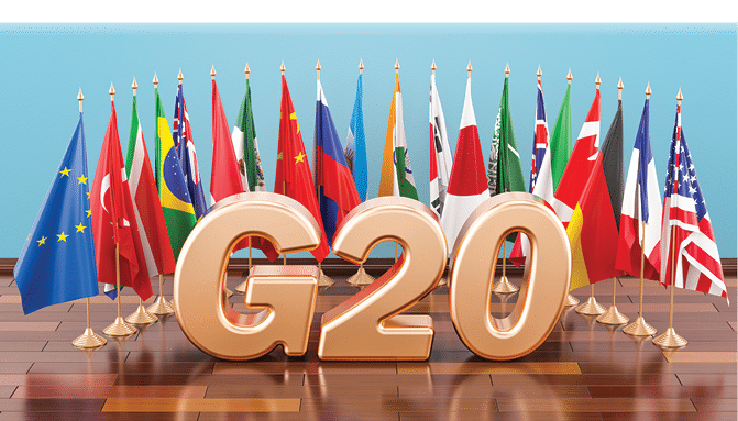 G20 meeting concept, flags of all members G20  3D rendering