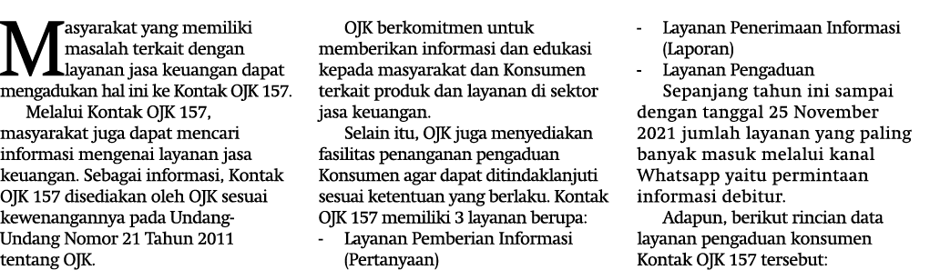Masyarakat yang memiliki masalah terkait dengan layanan jasa keuangan dapat mengadukan hal ini ke Kontak OJK 157  Mel   
