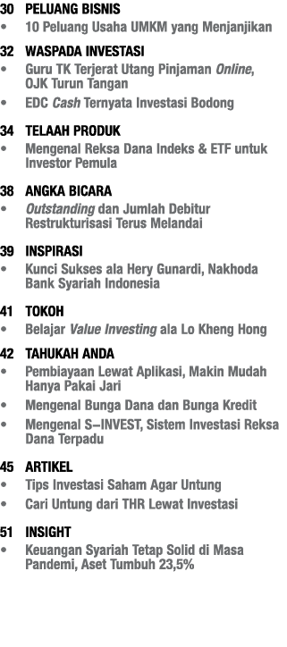 30 PELUANG BISNIS   10 Peluang Usaha UMKM yang Menjanjikan 32 WASPADA INVESTASI   Guru TK Terjerat Utang Pinjaman Onl   