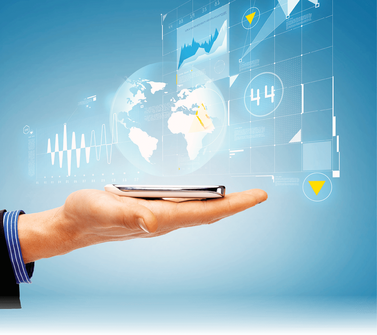 future, technology, business and people concept - close up of male hand with smartphone and hologram