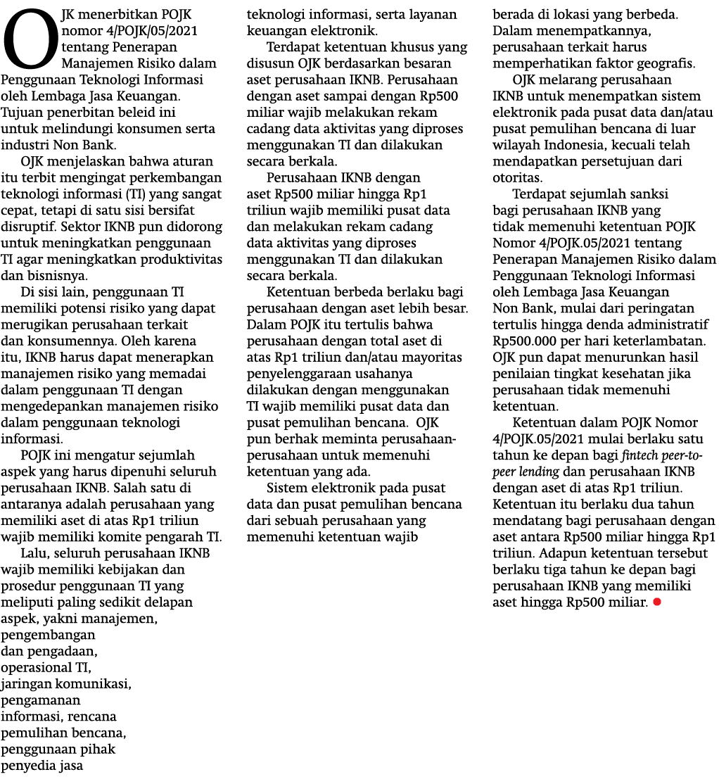 OJK menerbitkan POJK nomor 4 POJK 05 2021 tentang Penerapan Manajemen Risiko dalam Penggunaan Teknologi Informasi ole   