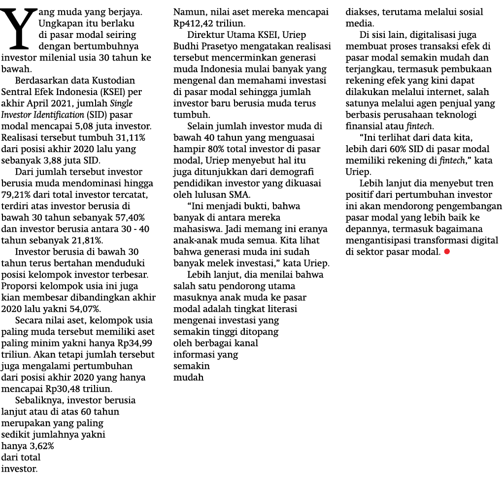 Yang muda yang berjaya  Ungkapan itu berlaku di pasar modal seiring dengan bertumbuhnya investor milenial usia 30 tah   