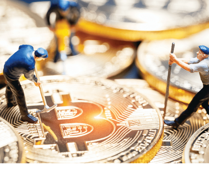 macro miner figures working on group of bitcoins  virtual cryptocurrency mining concept