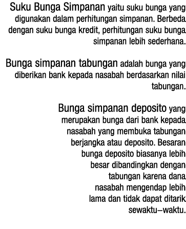 Suku Bunga Simpanan yaitu suku bunga yang digunakan dalam perhitungan simpanan  Berbeda dengan suku bunga kredit, per   