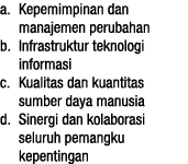 a  Kepemimpinan dan manajemen perubahan b  Infrastruktur teknologi informasi c  Kualitas dan kuantitas sumber daya ma   