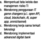 a  Memperkuat tata kelola dan manajemen risiko TI b  Mendorong penggunaan IT game changers (a l  open API, cloud, blo   