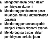 a  Mengoptimalkan peran dalam pembiayaan ekonomi b  Mendorong pendalaman pasar keuangan melalui multiactivities busin   