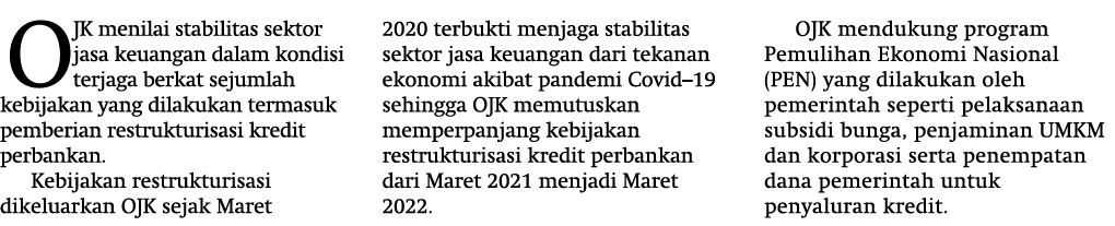 OJK menilai stabilitas sektor jasa keuangan dalam kondisi terjaga berkat sejumlah kebijakan yang dilakukan termasuk p   