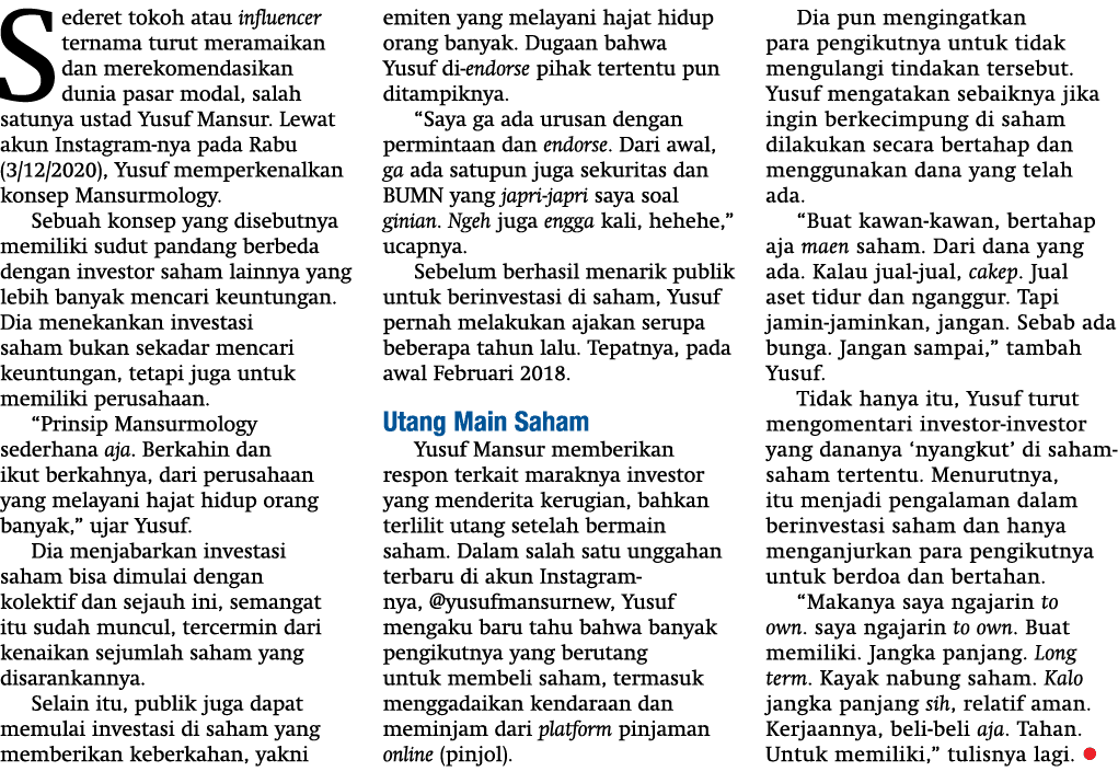 Sederet tokoh atau influencer ternama turut meramaikan dan merekomendasikan dunia pasar modal, salah satunya ustad Yu   