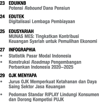 23 EDUIKNB Potensi Rebound Dana Pensiun 24 EDUTEK Digitalisasi Lembaga Pembiayaan 25 EDUSYARIAH MUNAS MES: Tingkatkan   