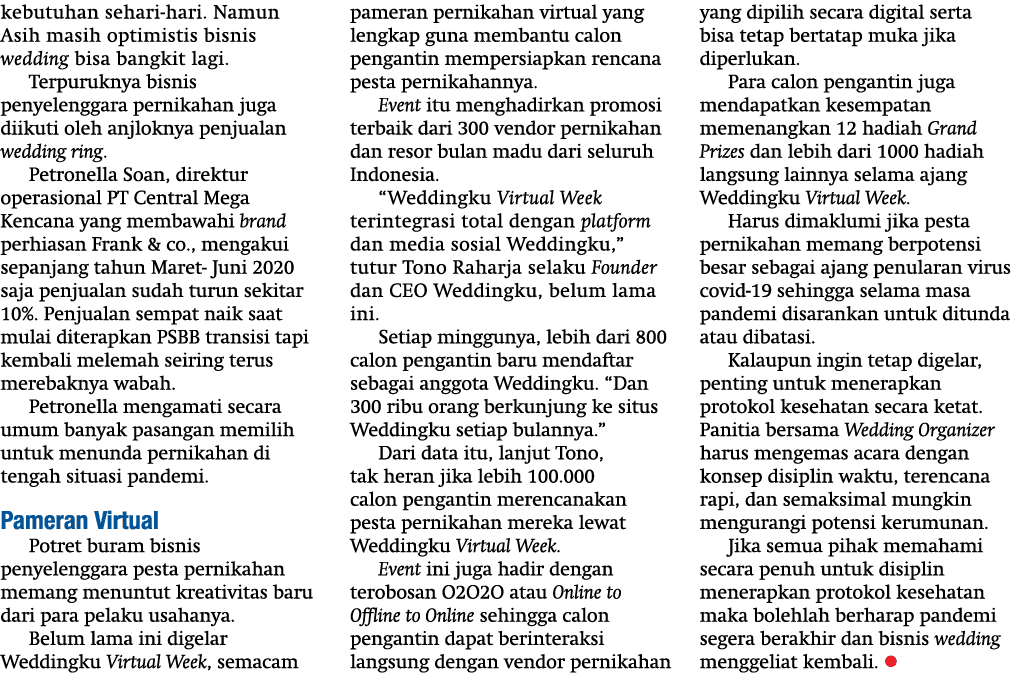 kebutuhan sehari-hari  Namun Asih masih optimistis bisnis wedding bisa bangkit lagi  Terpuruknya bisnis penyelenggara   