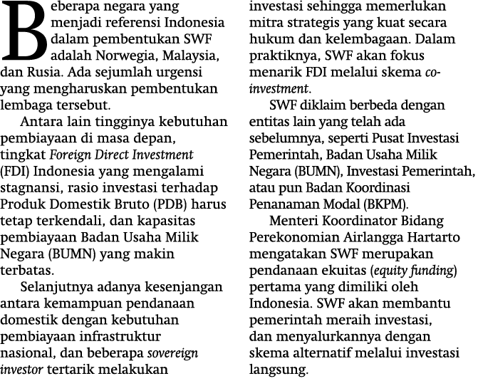 Beberapa negara yang menjadi referensi Indonesia dalam pembentukan SWF adalah Norwegia, Malaysia, dan Rusia  Ada seju   