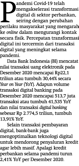 Pandemi Covid-19 telah mengakselerasi transformasi digital di sektor perbankan, seiring dengan perubahan perilaku mas   
