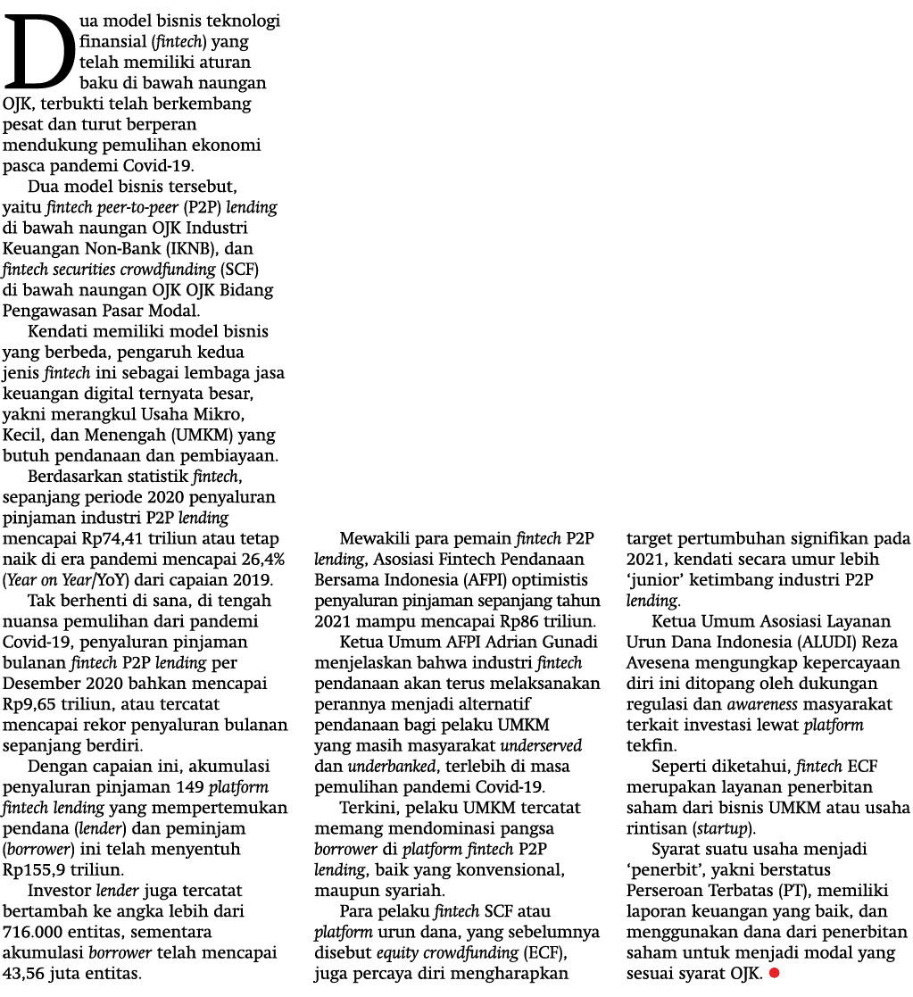 Dua model bisnis teknologi finansial (fintech) yang telah memiliki aturan baku di bawah naungan OJK, terbukti telah b   