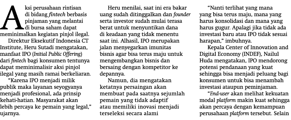 Aksi perusahaan rintisan di bidang fintech berbasis pinjaman yang melantai di bursa saham dapat meminimalkan kegiatan   