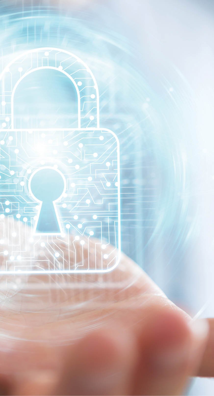 Businessman on blurred background using digital padlock with data protection 3D rendering