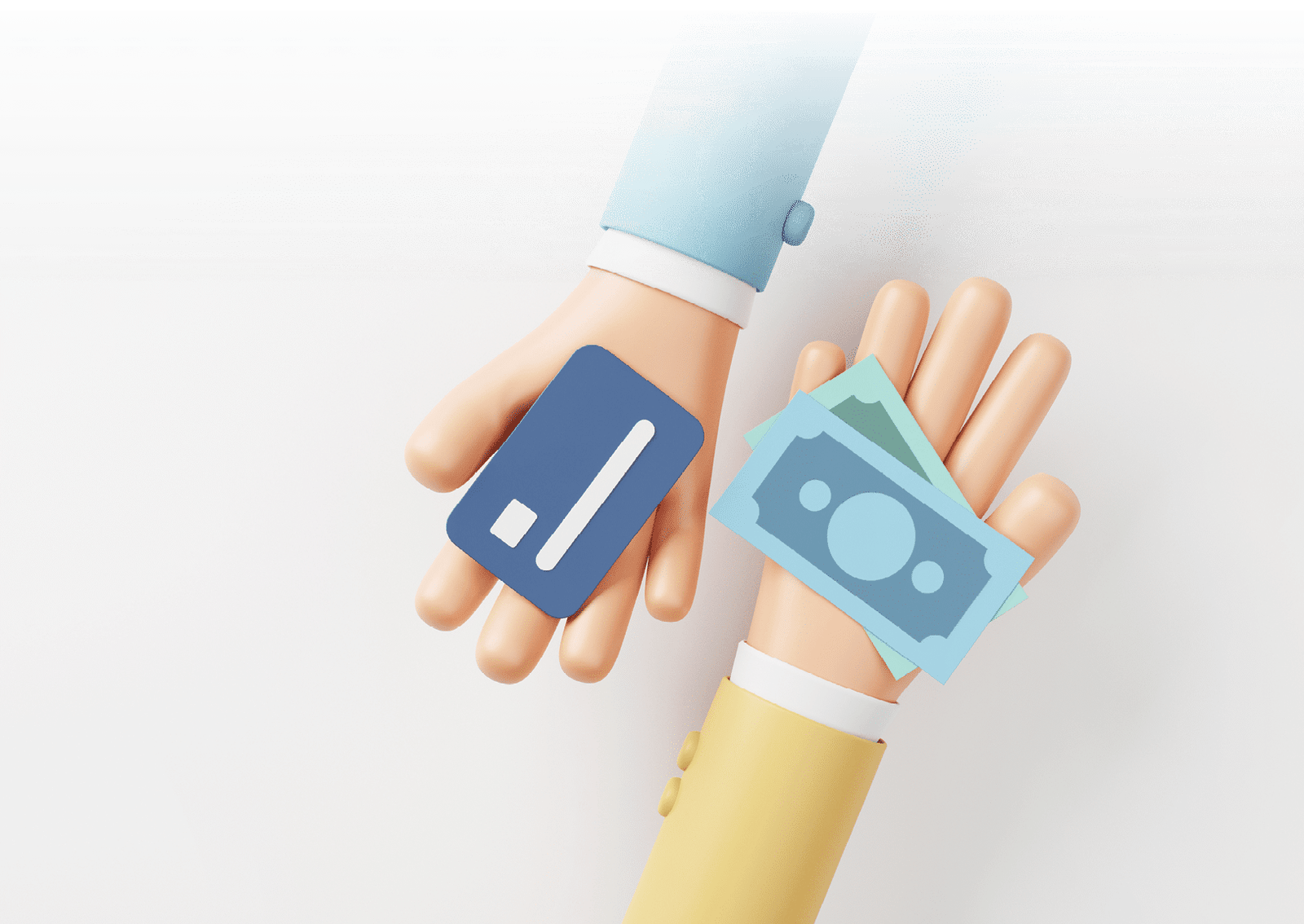 Hands holding credit card and money bills  Concept of financial operations, investments and cash and non-cash money turnover  3d render 