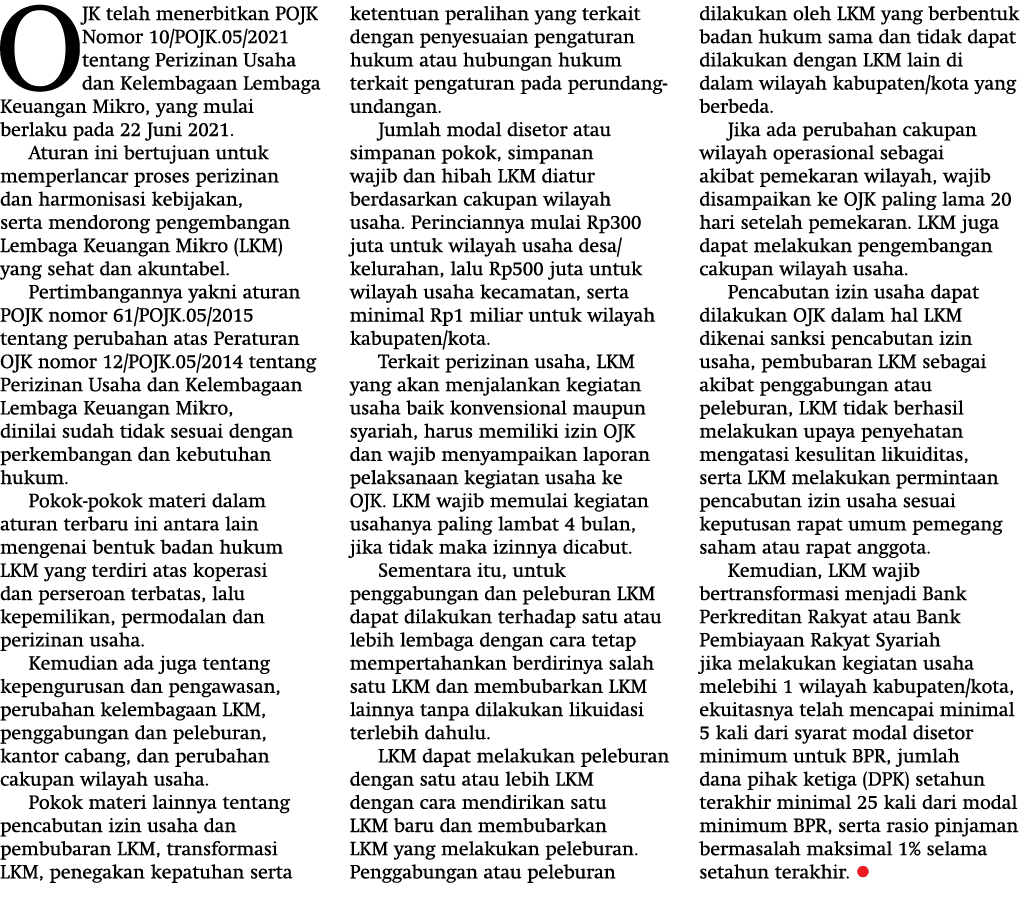 OJK telah menerbitkan POJK Nomor 10 POJK 05 2021 tentang Perizinan Usaha dan Kelembagaan Lembaga Keuangan Mikro, yang   