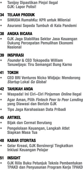   Tanijoy Dipastikan Pinjol Ilegal  OJK: Lapor Polisi  34 TELAAH PRODUK   SiMUDA RumahKu: KPR untuk Milenial   Asuran   