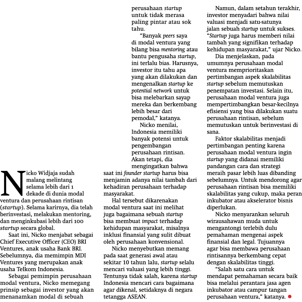 Nicko Widjaja sudah malang melintang selama lebih dari 1 dekade di dunia modal ventura dan perusahaan rintisan (start   