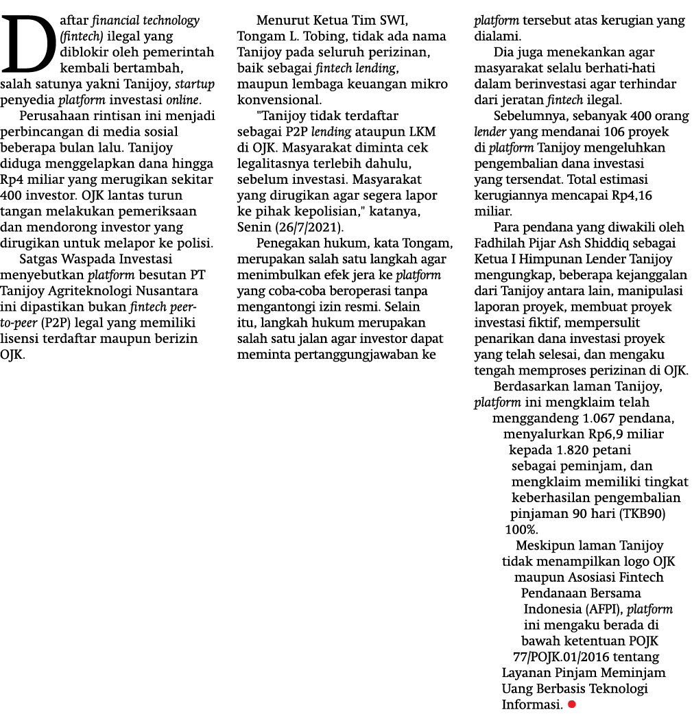 Daftar financial technology (fintech) ilegal yang diblokir oleh pemerintah kembali bertambah, salah satunya yakni Tan   