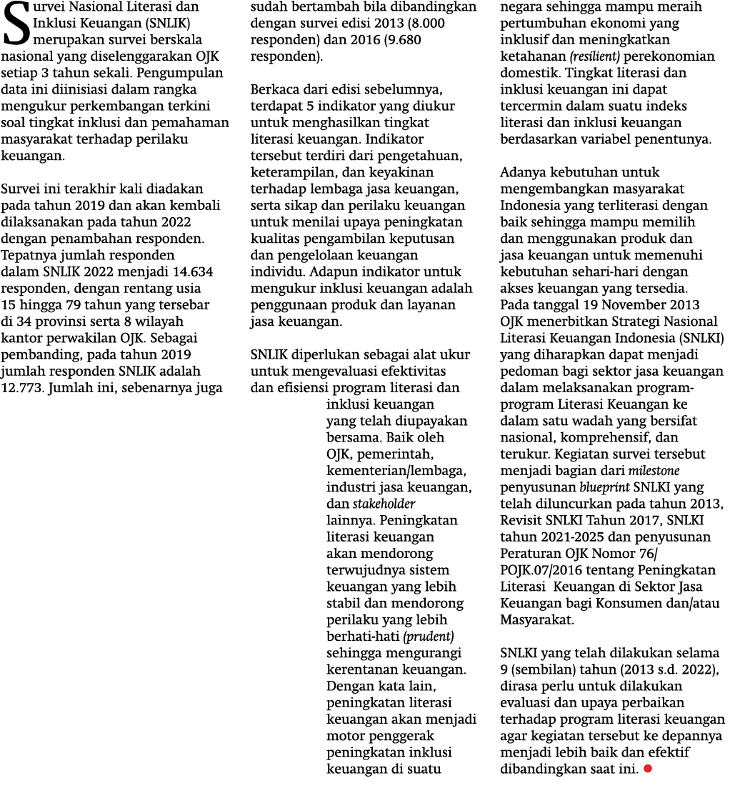 Survei Nasional Literasi dan Inklusi Keuangan (SNLIK) merupakan survei berskala nasional yang diselenggarakan OJK set...