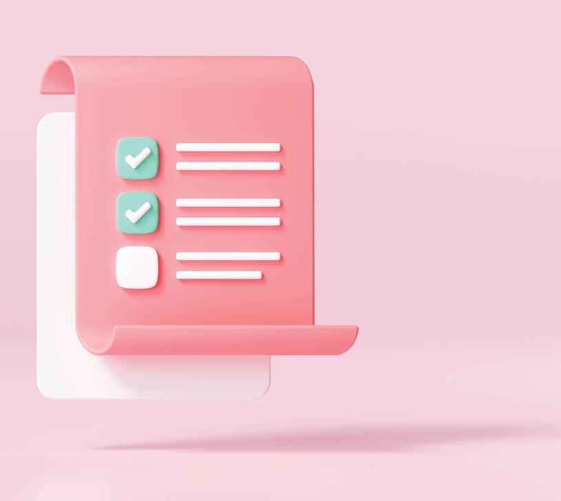 White clipboard with checklist on pink background. 3d render illustration.