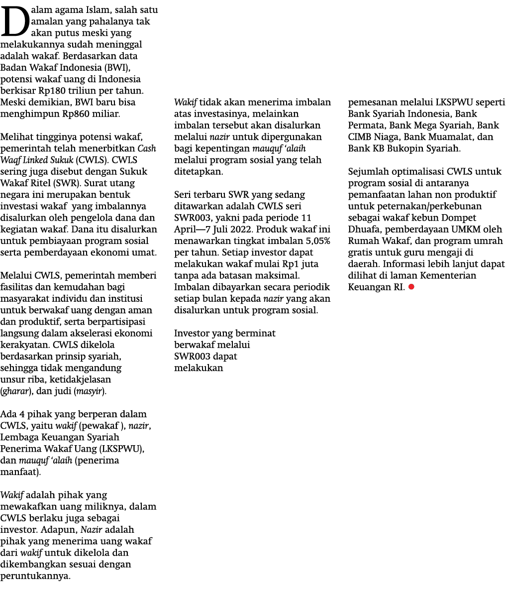 Dalam agama Islam, salah satu amalan yang pahalanya tak akan putus meski yang melakukannya sudah meninggal adalah wak...