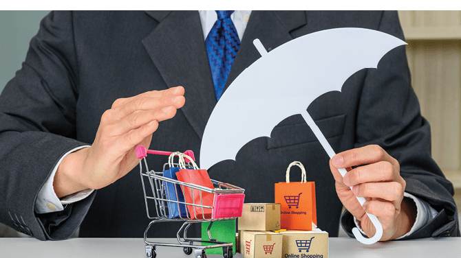 Consumer rights and consumer protection, business law concept : Buyer or purchaser protects bags and boxes of goods purchased online from internet retailer website, depicts caring on products bought