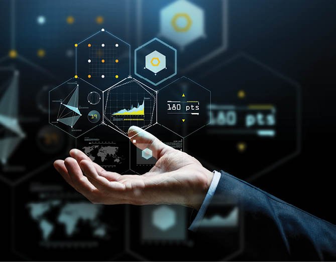 business, people, cyberspace and future technology concept - businessman hand with virtual hologram of charts and projections over dark background