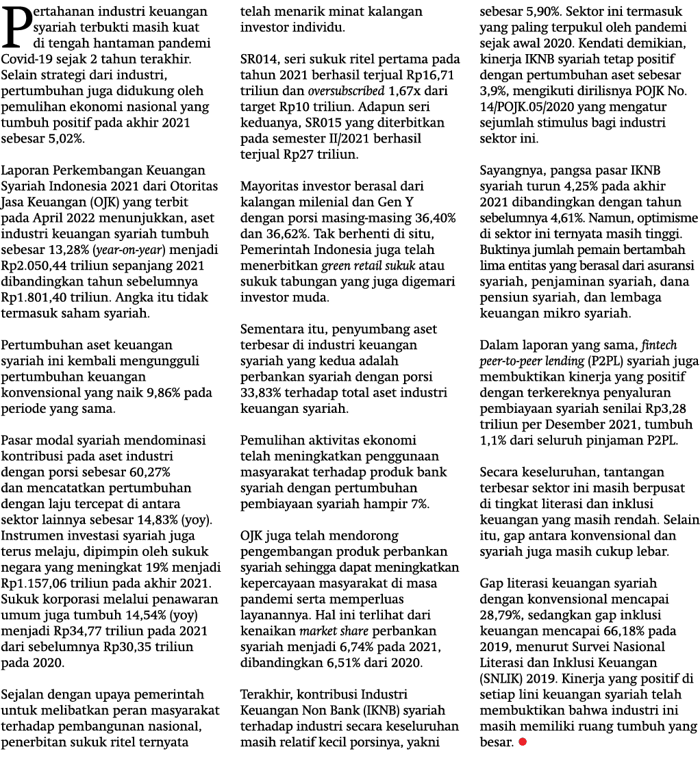 Pertahanan industri keuangan syariah terbukti masih kuat di tengah hantaman pandemi Covid-19 sejak 2 tahun terakhir. ...