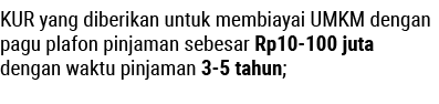 KUR yang diberikan untuk membiayai UMKM dengan pagu plafon pinjaman sebesar Rp10-100 juta dengan waktu pinjaman 3-5 t...