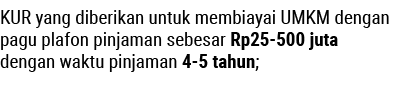 KUR yang diberikan untuk membiayai UMKM dengan pagu plafon pinjaman sebesar Rp25-500 juta dengan waktu pinjaman 4-5 t...