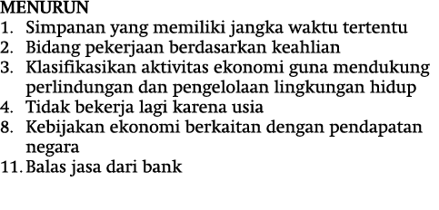 Menurun 1. Simpanan yang memiliki jangka waktu tertentu 2. Bidang pekerjaan berdasarkan keahlian 3. Klasifikasikan ak...
