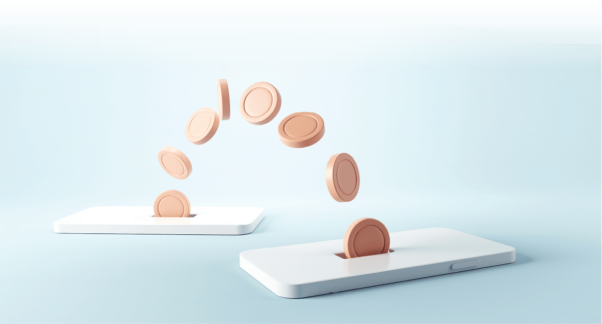 Money transfer on smartphones. Coins moving from one mobile phone to other. Sending and receiving money wirelessly, 3d render. Mobile wallet