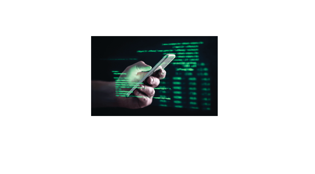 Darkweb, darknet and hacking concept. Hacker with cellphone. Man using dark web with smartphone. Mobile phone fraud, online scam and cyber security threat. Scammer using stolen cell. AR data code.