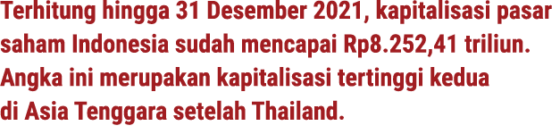Terhitung hingga 31 Desember 2021, kapitalisasi pasar saham Indonesia sudah mencapai Rp8.252,41 triliun. Angka ini me...