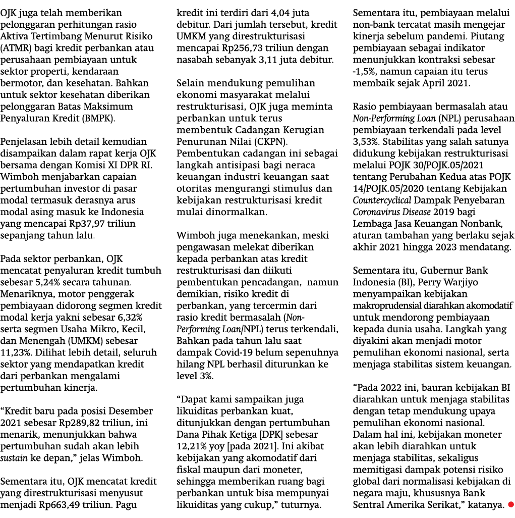 OJK juga telah memberikan pelonggaran perhitungan rasio Aktiva Tertimbang Menurut Risiko (ATMR) bagi kredit perbankan...