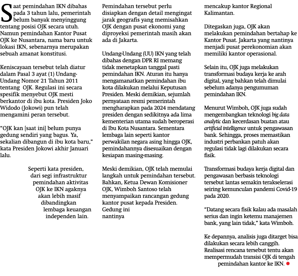Saat pemindahan IKN dibahas pada 3 tahun lalu, pemerintah belum banyak menyinggung tentang posisi OJK secara utuh. Na...