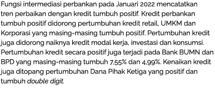 Fungsi intermediasi perbankan pada Januari 2022 mencatatkan tren perbaikan dengan kredit tumbuh positif. Kredit perba...