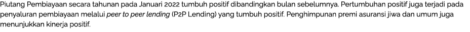 Piutang Pembiayaan secara tahunan pada Januari 2022 tumbuh positif dibandingkan bulan sebelumnya. Pertumbuhan positif...