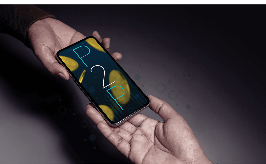 P2P and Fintech Technology. Innovation of Financial Investment. Concept for Peer to Peer Online Digital Exchange. two Business People Connecting via Mobile Phone