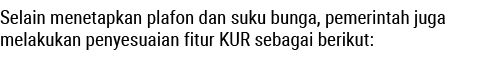 Selain menetapkan plafon dan suku bunga, pemerintah juga melakukan penyesuaian fitur KUR sebagai berikut: