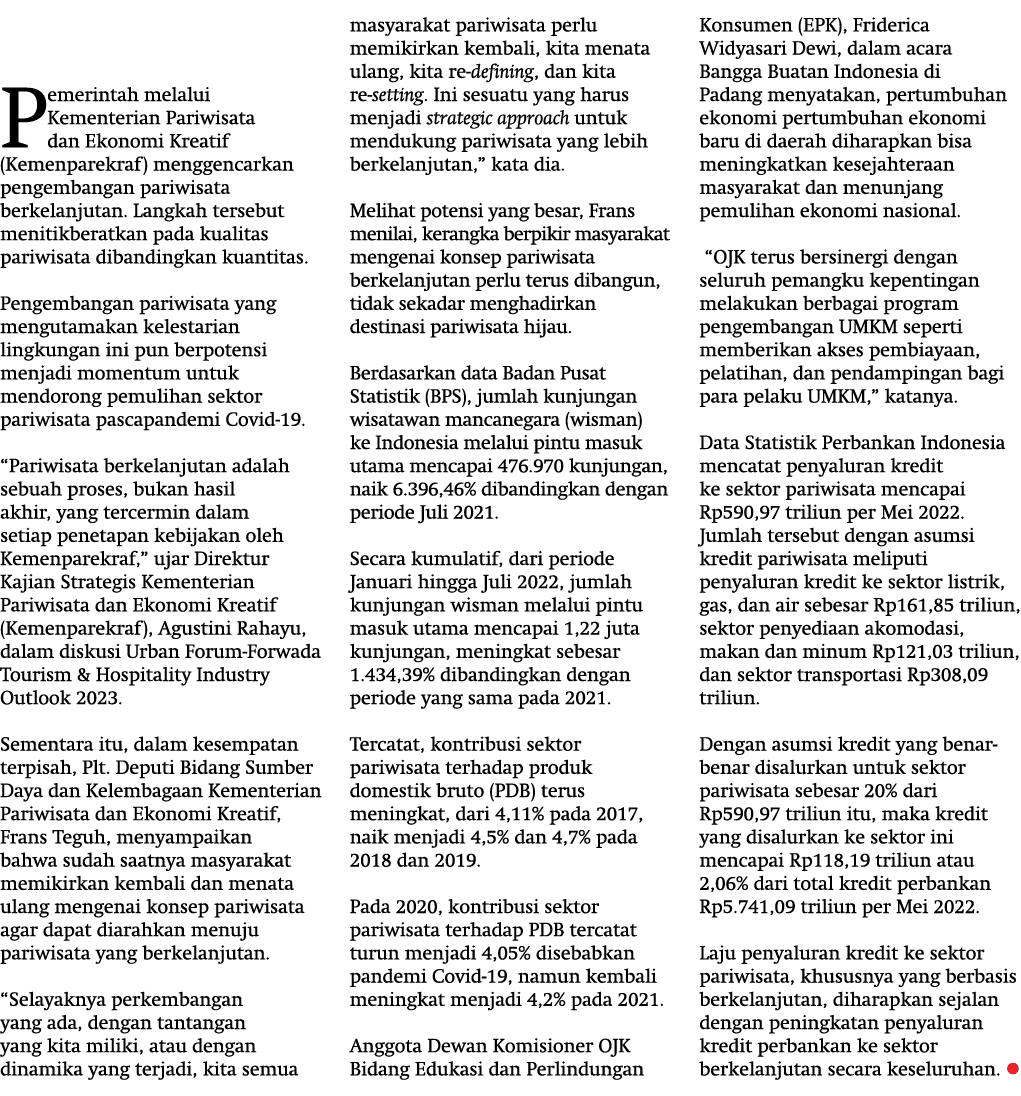 Pemerintah melalui Kementerian Pariwisata dan Ekonomi Kreatif (Kemenparekraf) menggencarkan pengembangan pariwisata b...