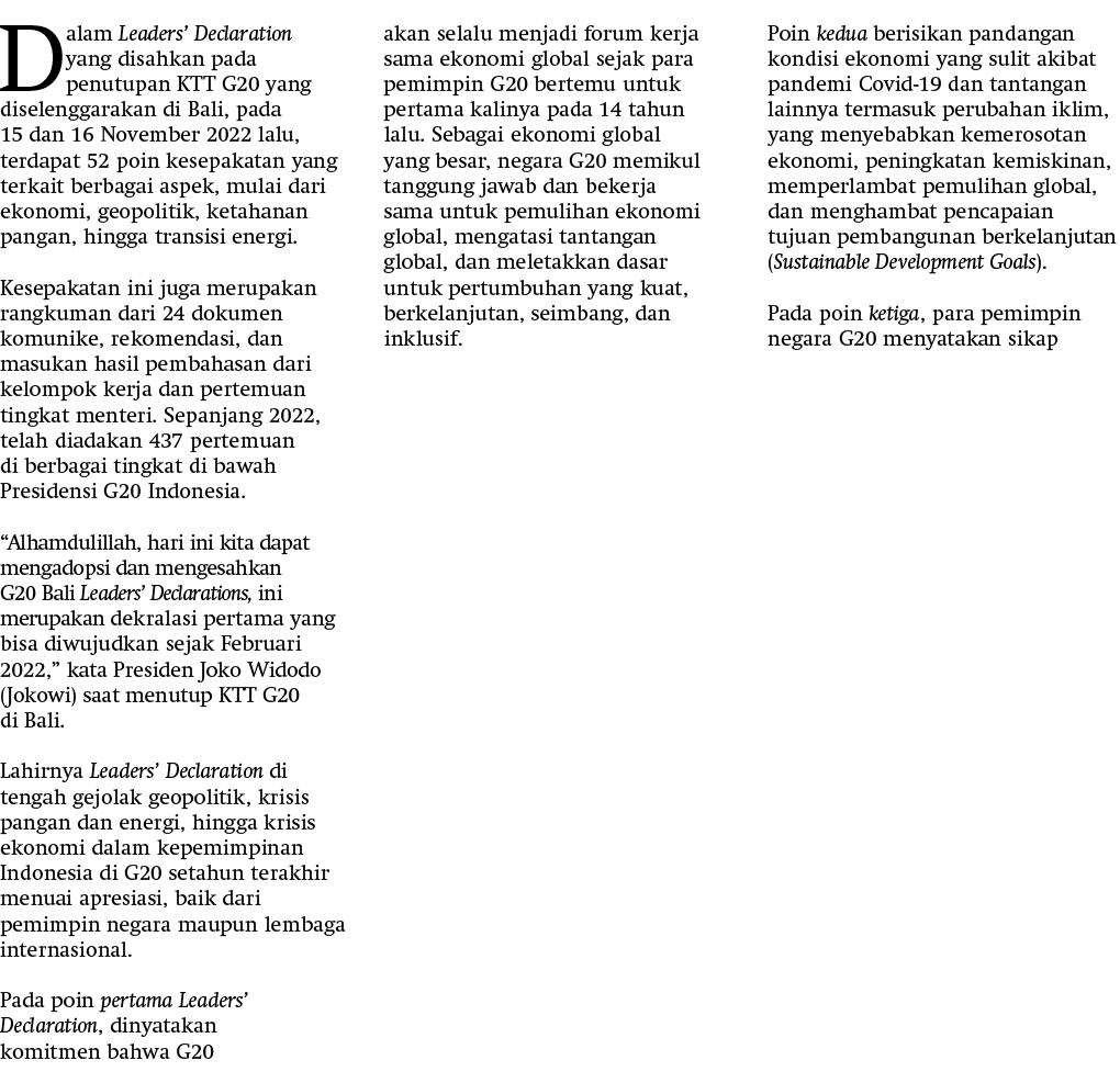 Dalam Leaders’ Declaration yang disahkan pada penutupan KTT G20 yang diselenggarakan di Bali, pada 15 dan 16 November...